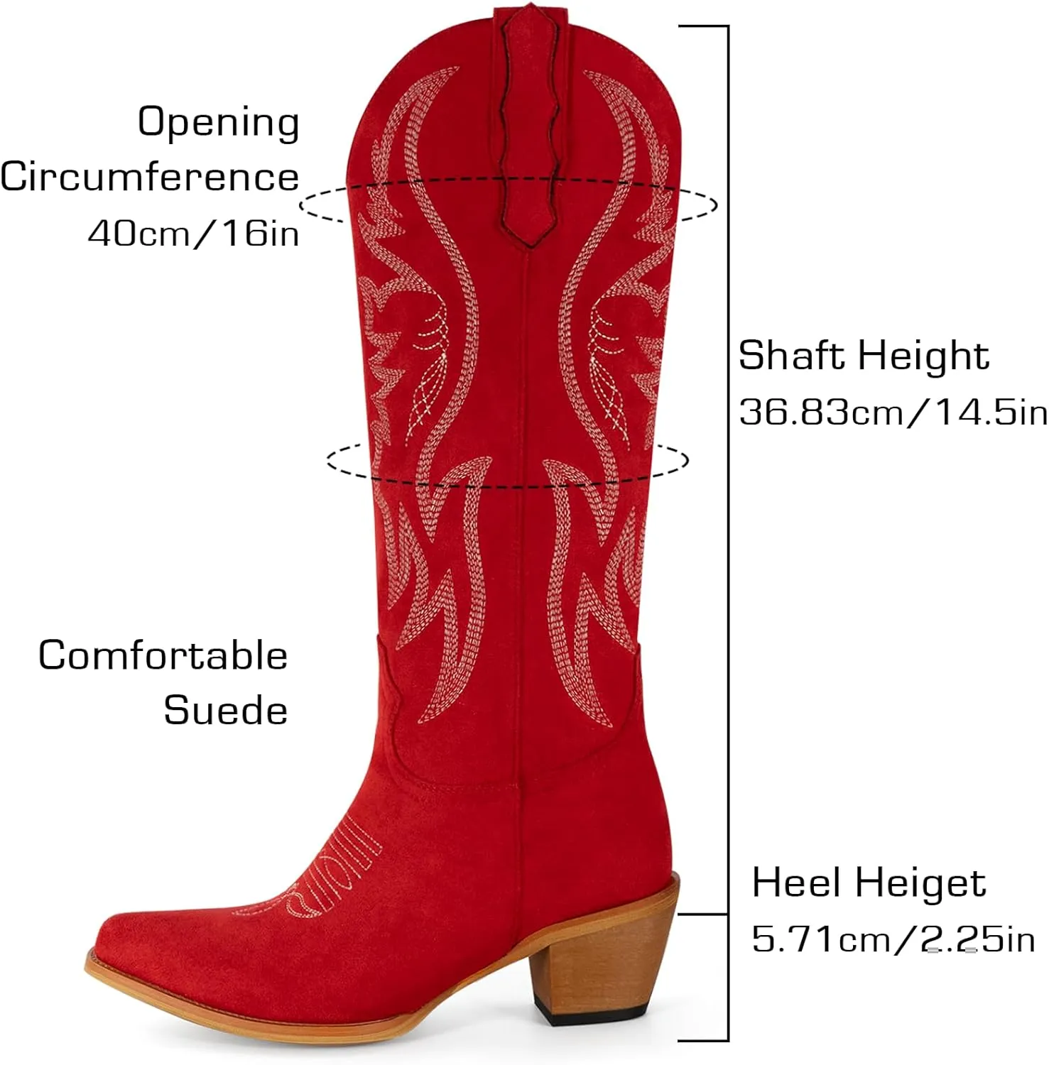 KaroNairy Women Cowboy Boots Faux Suede Embroidered Pointed Thick Heeled Western Wide Calf Cowgirl Ponited Toe Mid Calf Boots