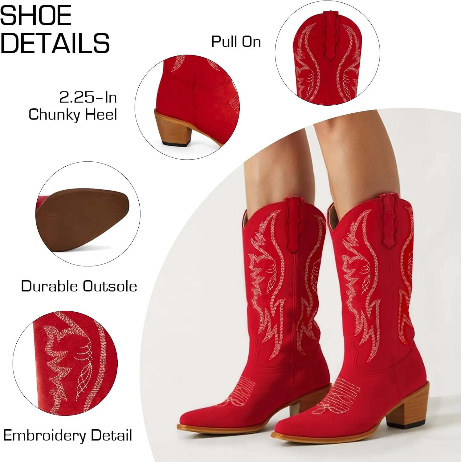 KaroNairy Women Cowboy Boots Faux Suede Embroidered Pointed Thick Heeled Western Wide Calf Cowgirl Ponited Toe Mid Calf Boots