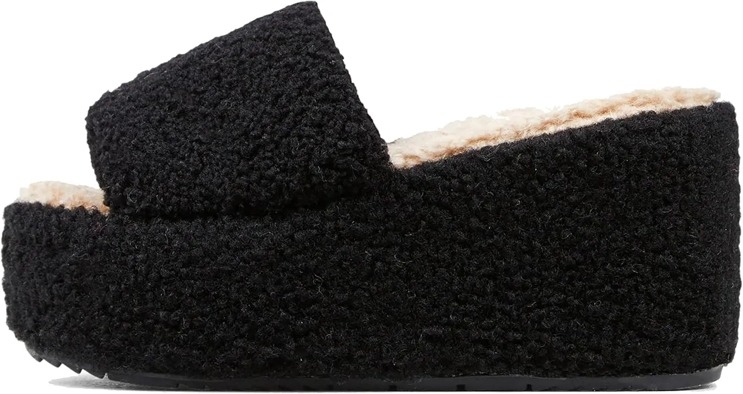 keleimusi Open Peep Toe Wedge Slides Heeled Sandals with Faux Shearling