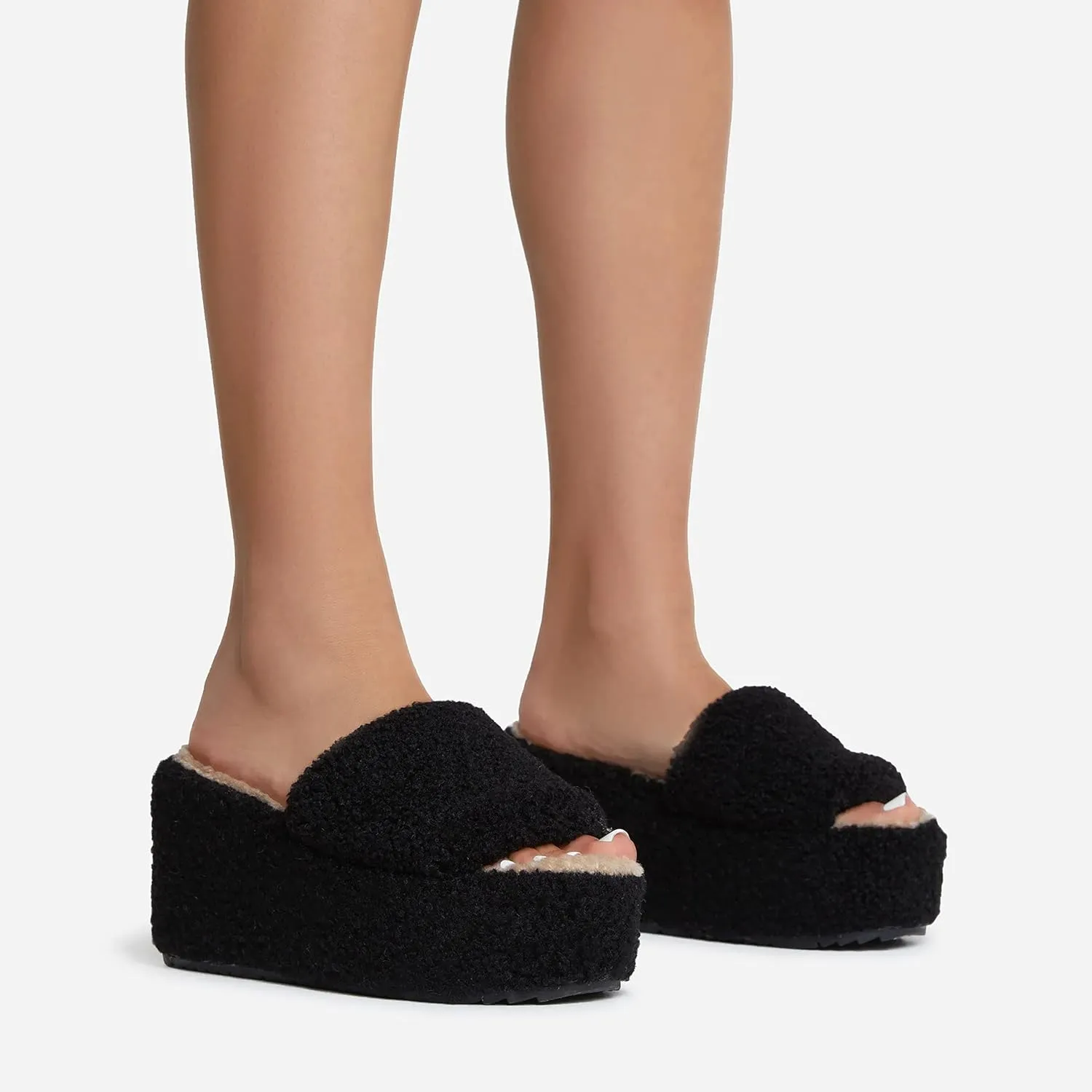 keleimusi Open Peep Toe Wedge Slides Heeled Sandals with Faux Shearling