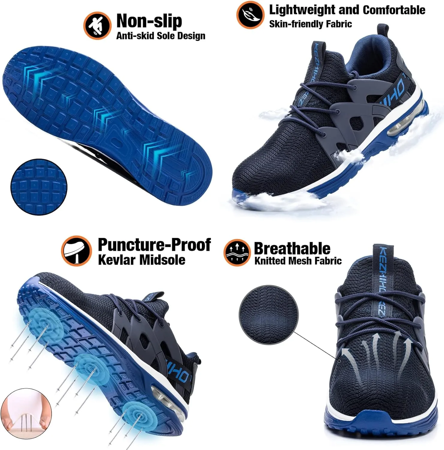 Kezhiho Steel Toe Shoes for Men Women Air Cushion Lightweight Work Shoes Comfortable Breathable Puncture Proof Slip Resistant Sneakers Indestructible Construction Industrial Safety Shoes