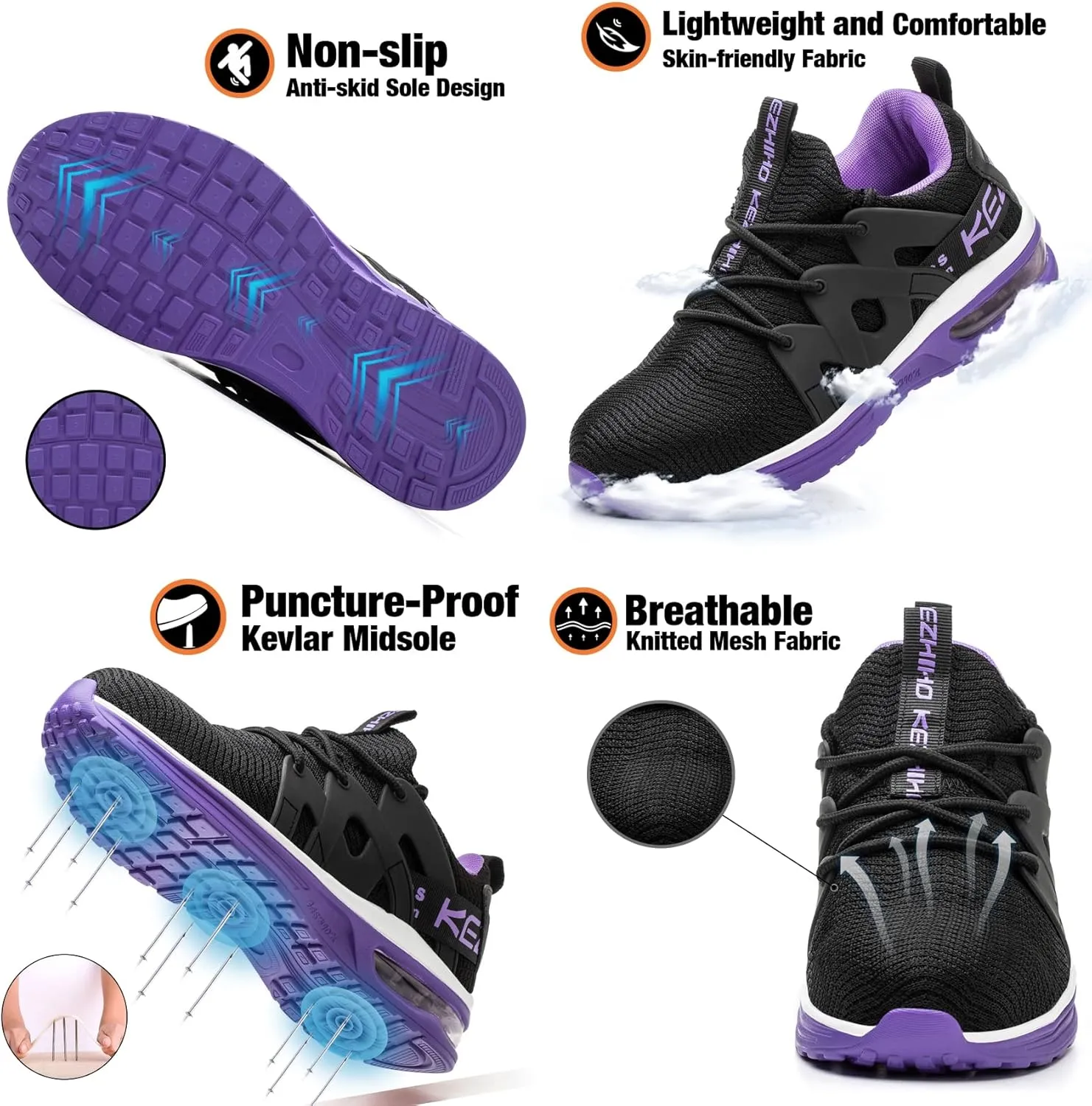 Kezhiho Steel Toe Shoes for Women Air Cushion Lightweight Work Shoes Comfortable Breathable Puncture Proof Slip Resistant Sneakers Indestructible Construction Industrial Safety Shoes