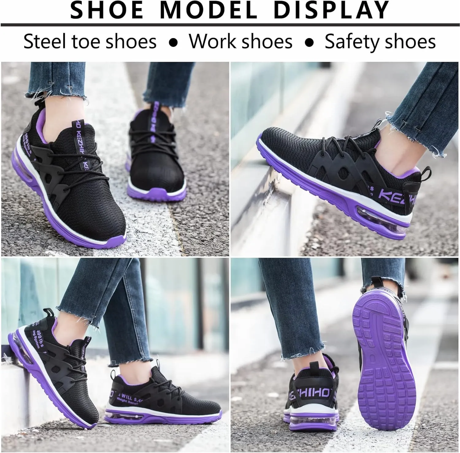 Kezhiho Steel Toe Shoes for Women Air Cushion Lightweight Work Shoes Comfortable Breathable Puncture Proof Slip Resistant Sneakers Indestructible Construction Industrial Safety Shoes