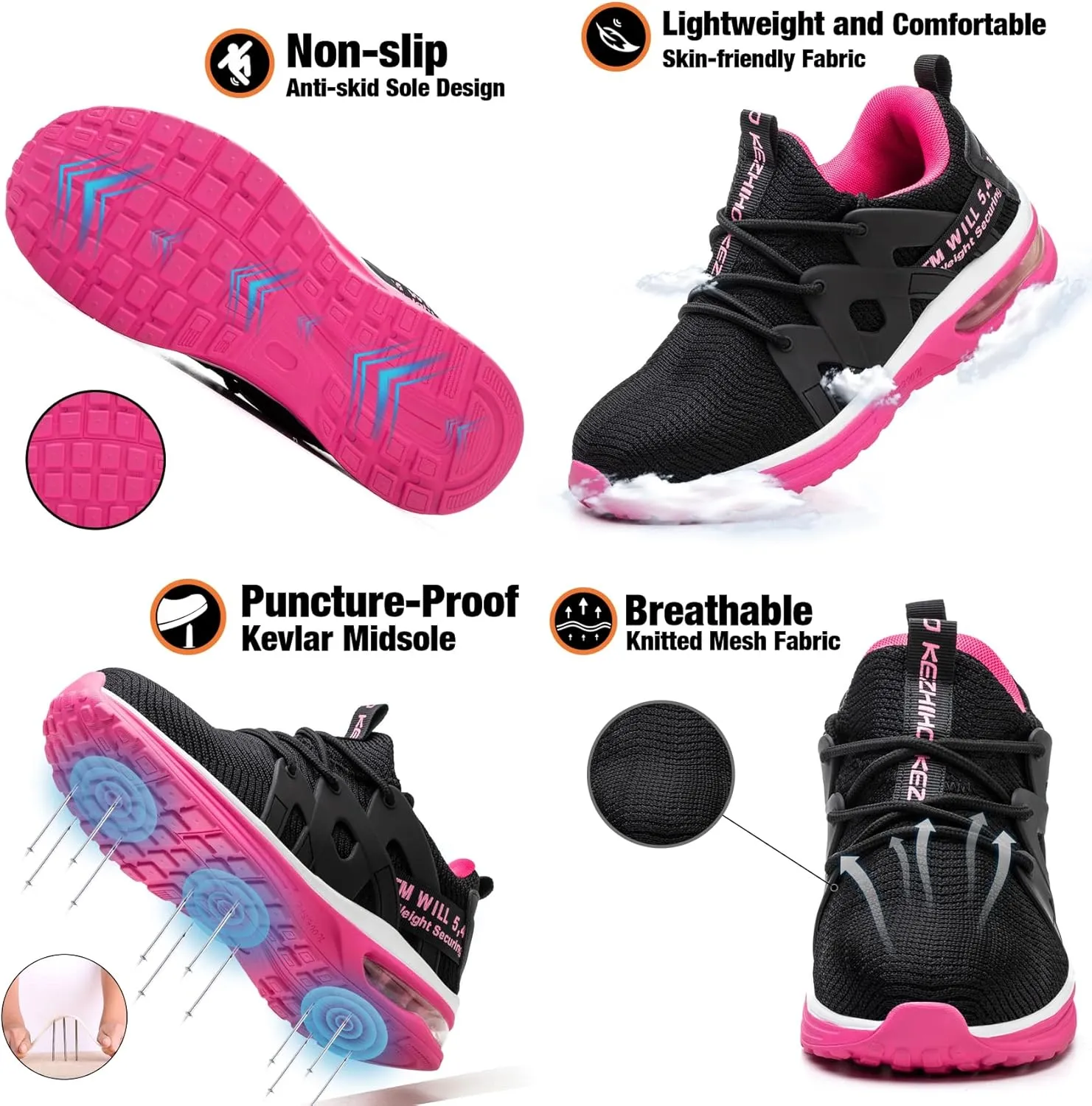 Kezhiho Steel Toe Shoes for Women Air Cushion Lightweight Work Shoes Comfortable Breathable Puncture Proof Slip Resistant Sneakers Indestructible Construction Industrial Safety Shoes