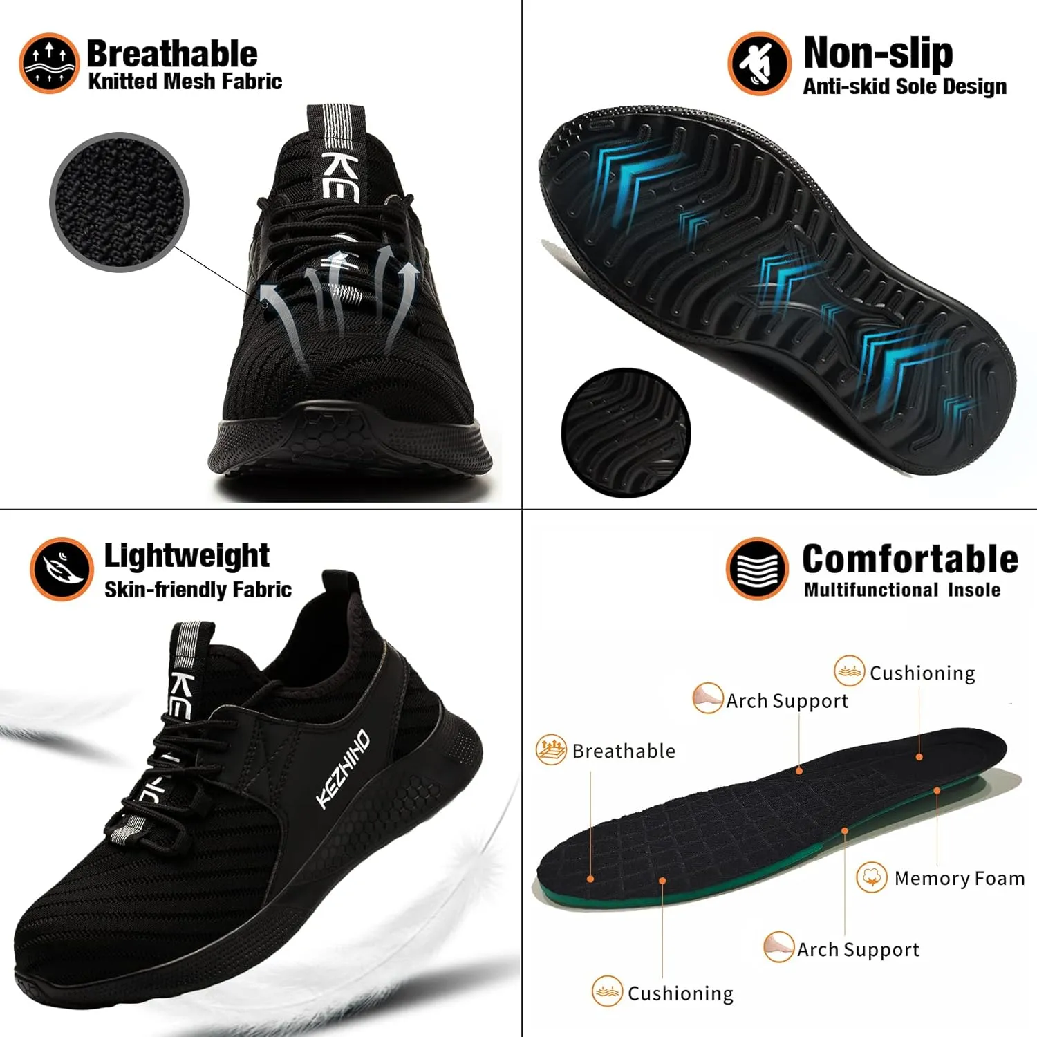 Kezhiho Steel Toe Work Shoes for Men Lightweight Comfortable Slip Resistant Puncture Proof Safety Shoes Breathable Indestructible Construction Industrial Sneakers