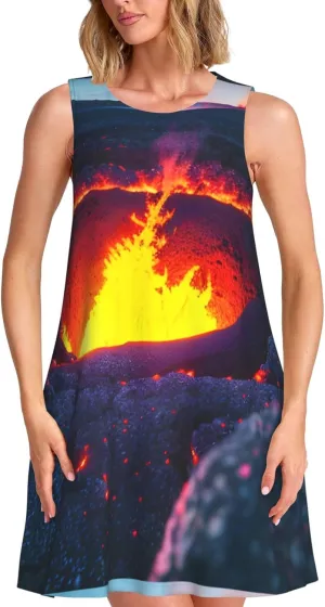 Kilauea Volcano Womens Summer Sleeveless Fashion Dress Casual Loose Round Neck Sundress with Pockets S-3xl