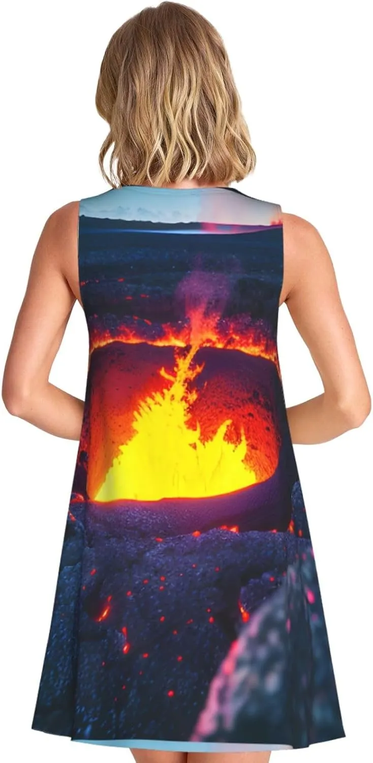 Kilauea Volcano Womens Summer Sleeveless Fashion Dress Casual Loose Round Neck Sundress with Pockets S-3xl