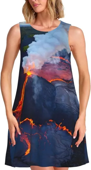 Kilauea Volcanos Womens Summer Sleeveless Fashion Dress Casual Loose Round Neck Sundress with Pockets S-3xl