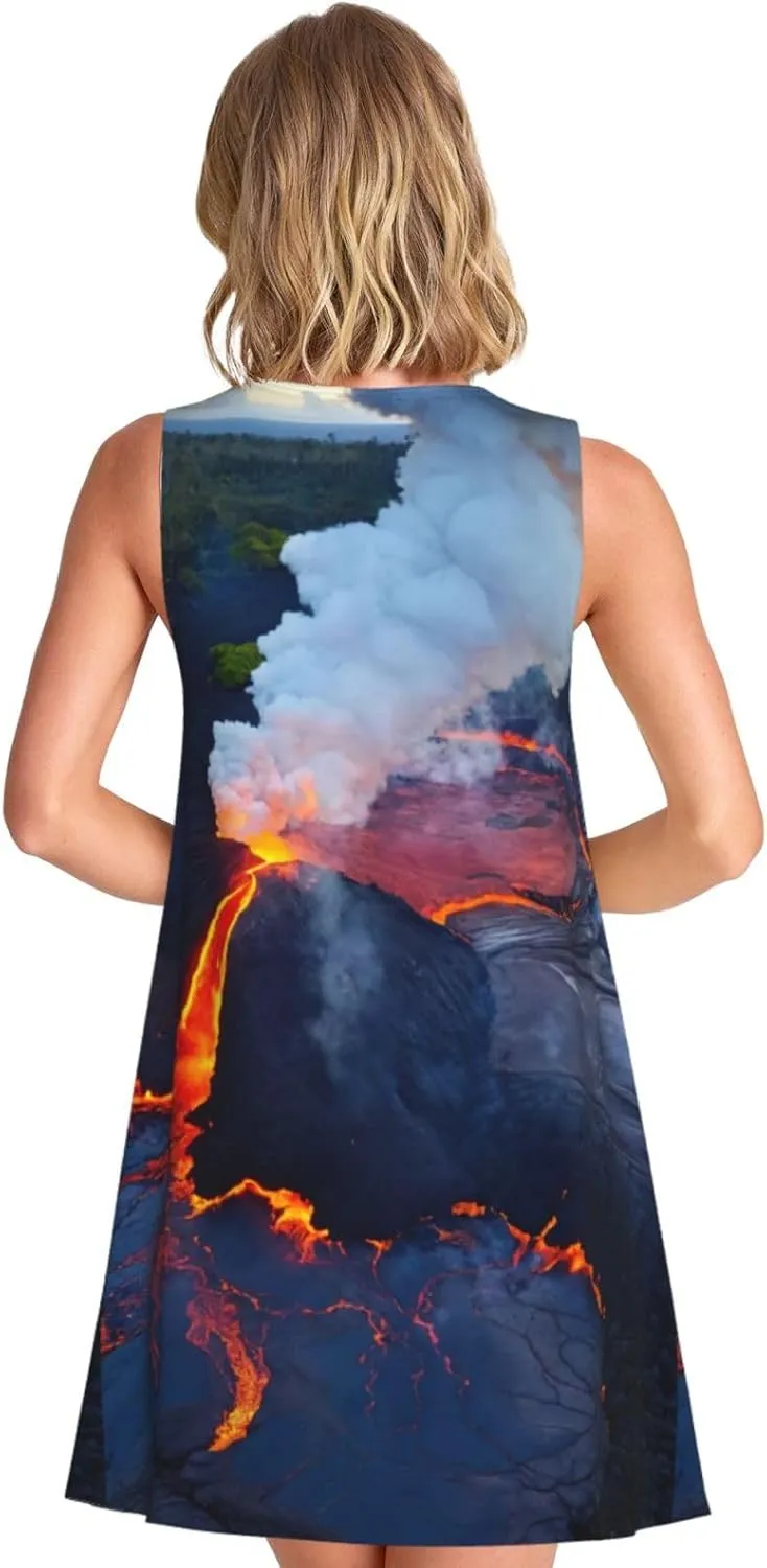 Kilauea Volcanos Womens Summer Sleeveless Fashion Dress Casual Loose Round Neck Sundress with Pockets S-3xl