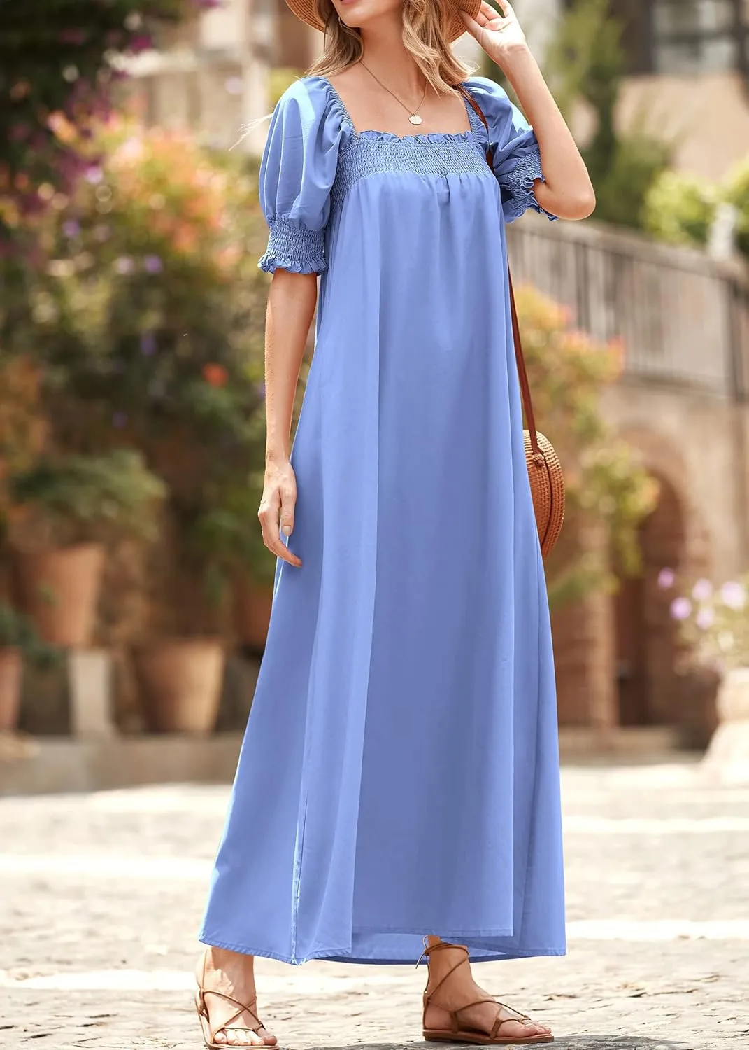 KIRUNDO Women 2025 Summer Maxi Dress Casual Loose Puff Sleeve Square Neck Maternity Flowy Long Beach Dresses with Pockets