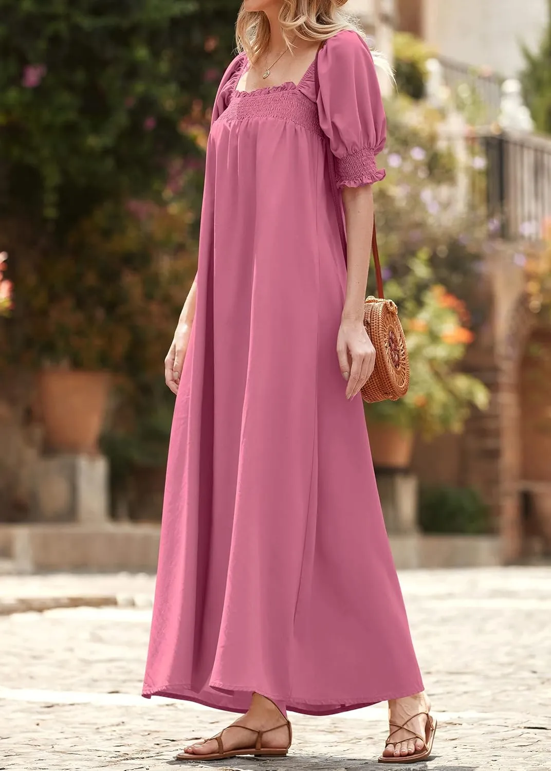 KIRUNDO Women 2025 Summer Maxi Dress Casual Loose Puff Sleeve Square Neck Maternity Flowy Long Beach Dresses with Pockets
