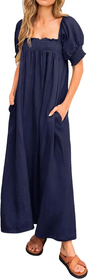 KIRUNDO Women 2025 Summer Maxi Dress Casual Loose Puff Sleeve Square Neck Maternity Flowy Long Beach Dresses with Pockets