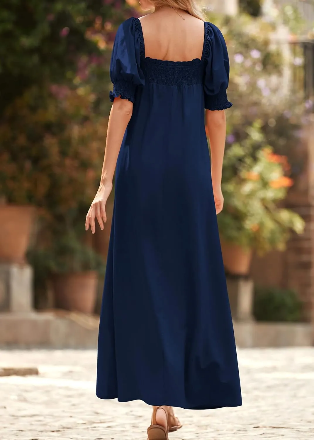 KIRUNDO Women 2025 Summer Maxi Dress Casual Loose Puff Sleeve Square Neck Maternity Flowy Long Beach Dresses with Pockets