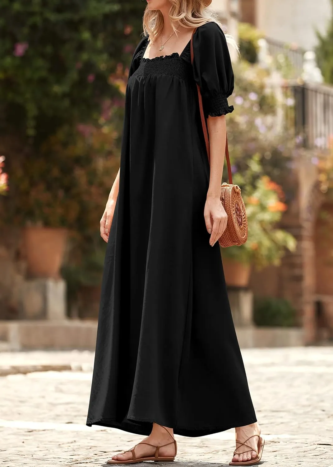 KIRUNDO Women 2025 Summer Maxi Dress Casual Loose Puff Sleeve Square Neck Maternity Flowy Long Beach Dresses with Pockets