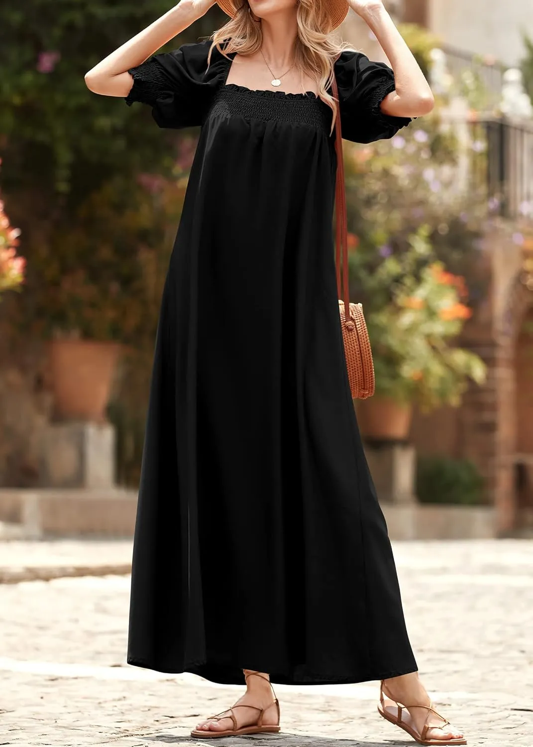 KIRUNDO Women 2025 Summer Maxi Dress Casual Loose Puff Sleeve Square Neck Maternity Flowy Long Beach Dresses with Pockets