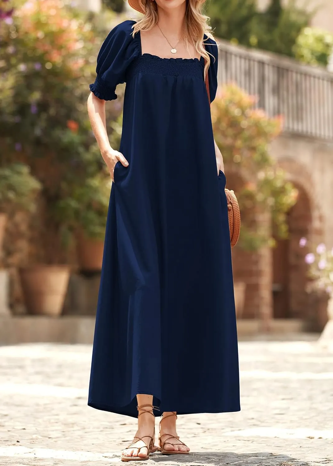 KIRUNDO Women 2025 Summer Maxi Dress Casual Loose Puff Sleeve Square Neck Maternity Flowy Long Beach Dresses with Pockets