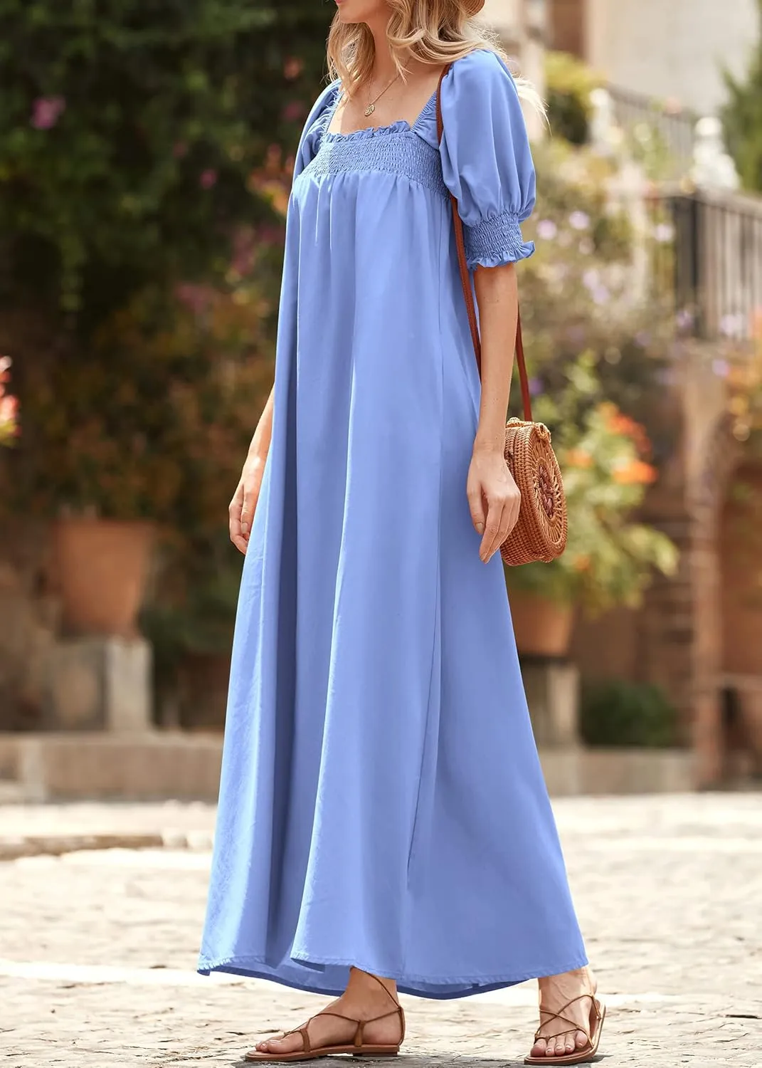 KIRUNDO Women 2025 Summer Maxi Dress Casual Loose Puff Sleeve Square Neck Maternity Flowy Long Beach Dresses with Pockets