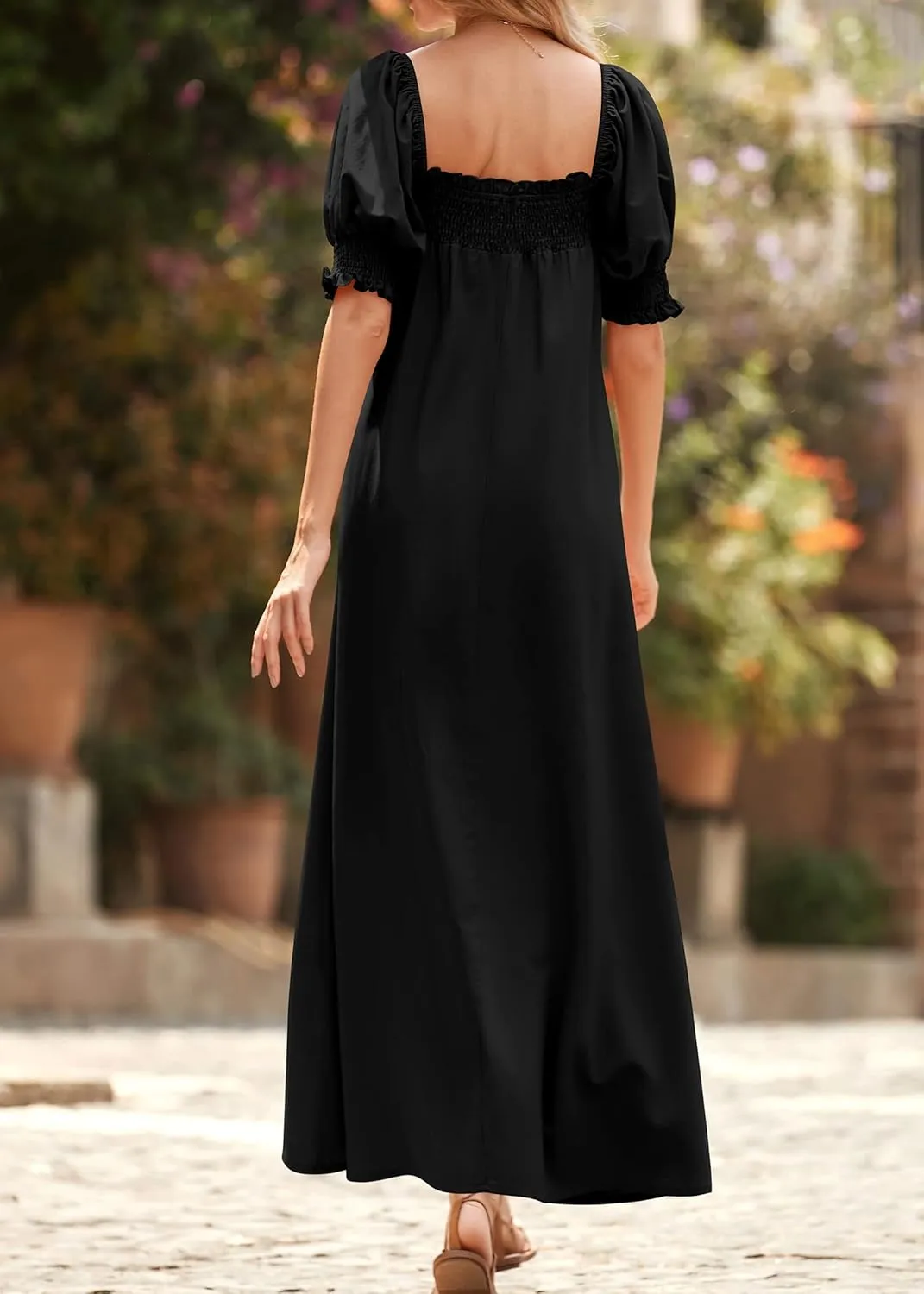 KIRUNDO Women 2025 Summer Maxi Dress Casual Loose Puff Sleeve Square Neck Maternity Flowy Long Beach Dresses with Pockets