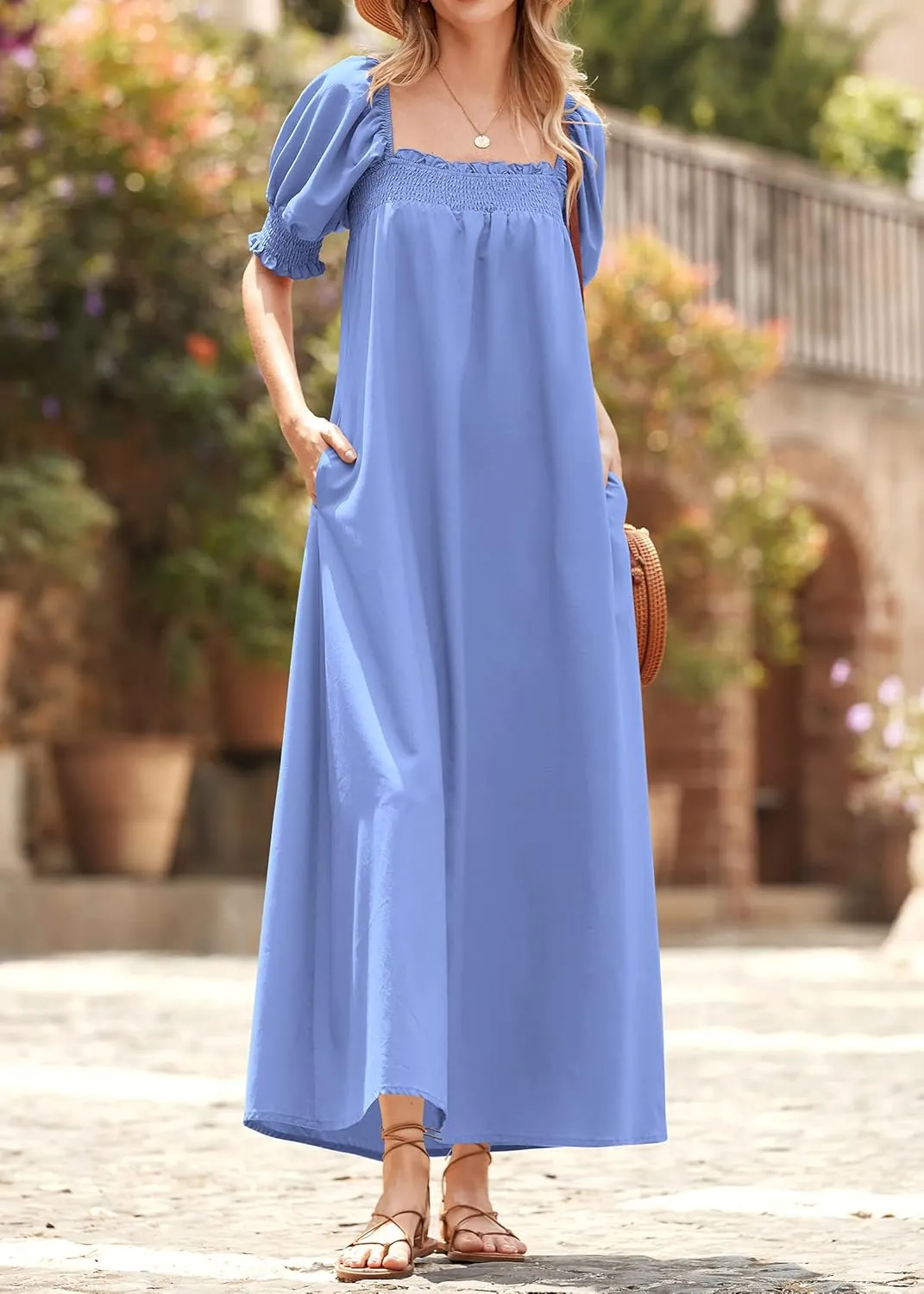 KIRUNDO Women 2025 Summer Maxi Dress Casual Loose Puff Sleeve Square Neck Maternity Flowy Long Beach Dresses with Pockets