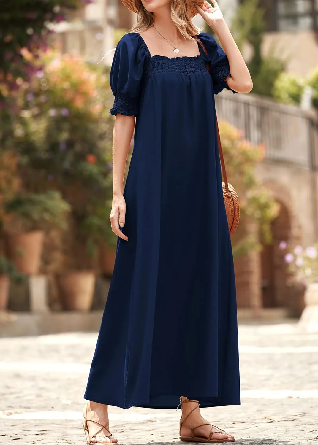 KIRUNDO Women 2025 Summer Maxi Dress Casual Loose Puff Sleeve Square Neck Maternity Flowy Long Beach Dresses with Pockets