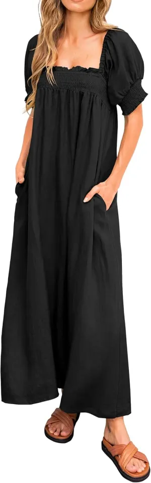 KIRUNDO Women 2025 Summer Maxi Dress Casual Loose Puff Sleeve Square Neck Maternity Flowy Long Beach Dresses with Pockets