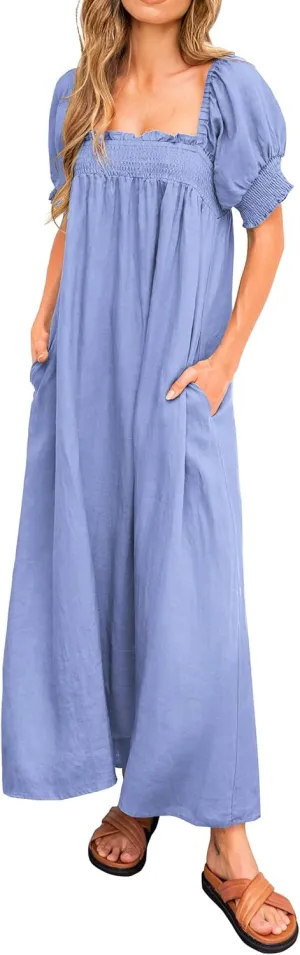 KIRUNDO Women 2025 Summer Maxi Dress Casual Loose Puff Sleeve Square Neck Maternity Flowy Long Beach Dresses with Pockets