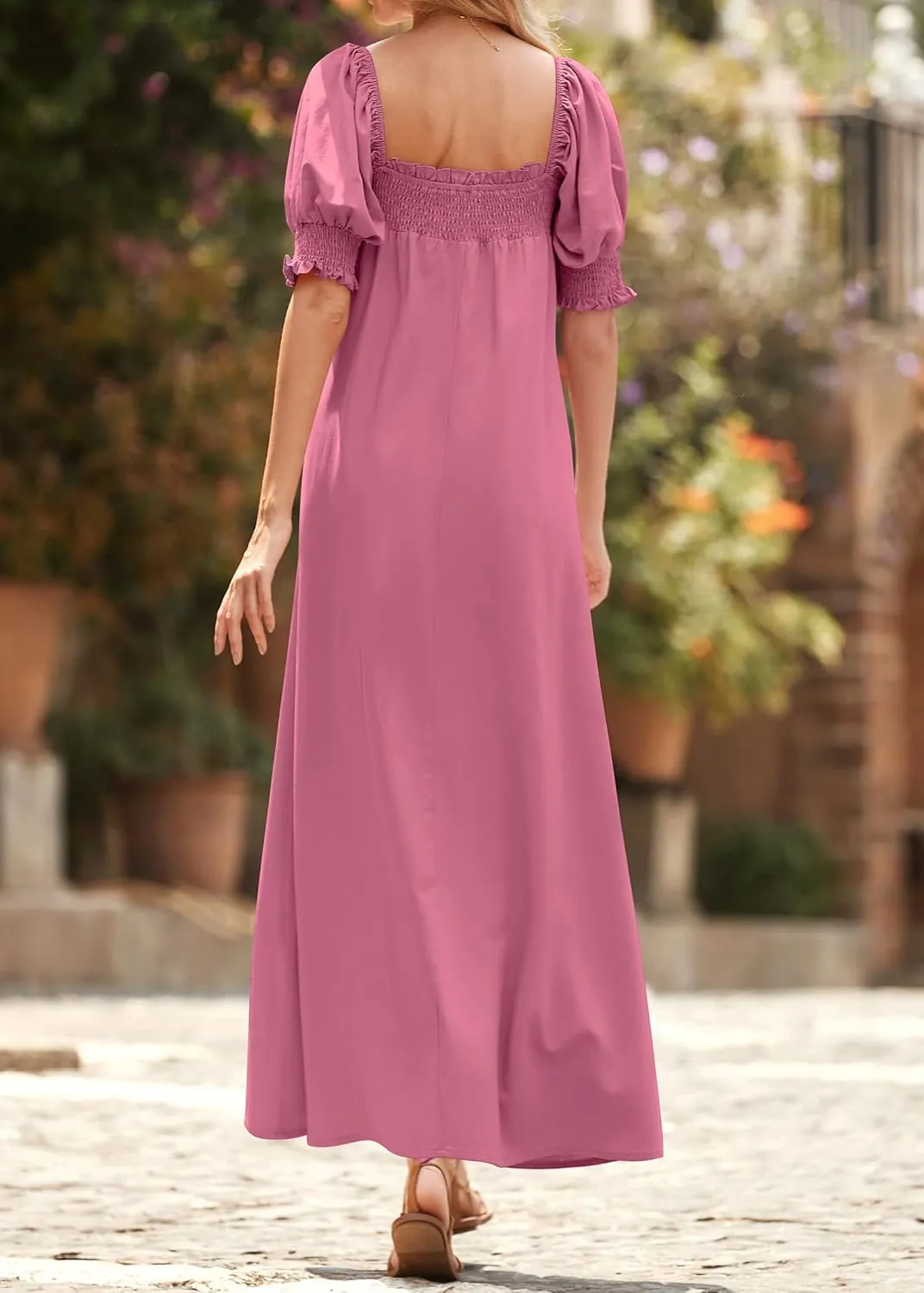 KIRUNDO Women 2025 Summer Maxi Dress Casual Loose Puff Sleeve Square Neck Maternity Flowy Long Beach Dresses with Pockets