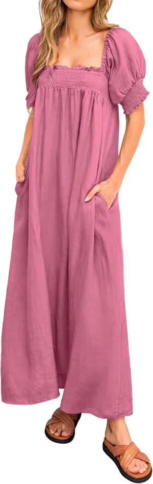 KIRUNDO Women 2025 Summer Maxi Dress Casual Loose Puff Sleeve Square Neck Maternity Flowy Long Beach Dresses with Pockets