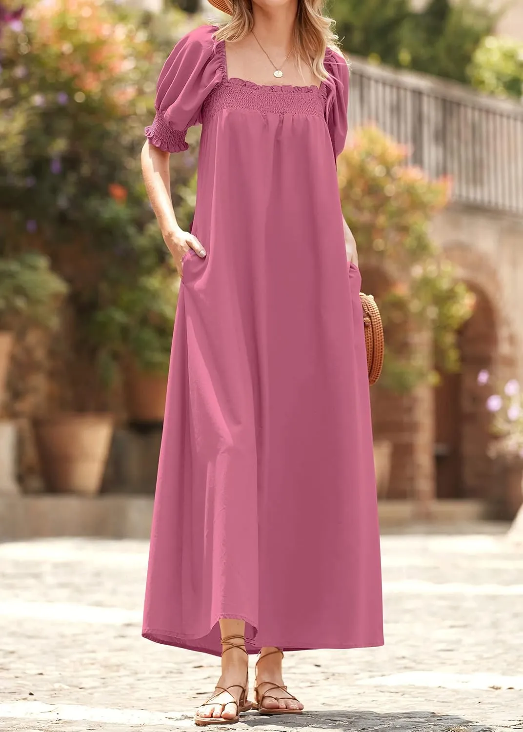 KIRUNDO Women 2025 Summer Maxi Dress Casual Loose Puff Sleeve Square Neck Maternity Flowy Long Beach Dresses with Pockets