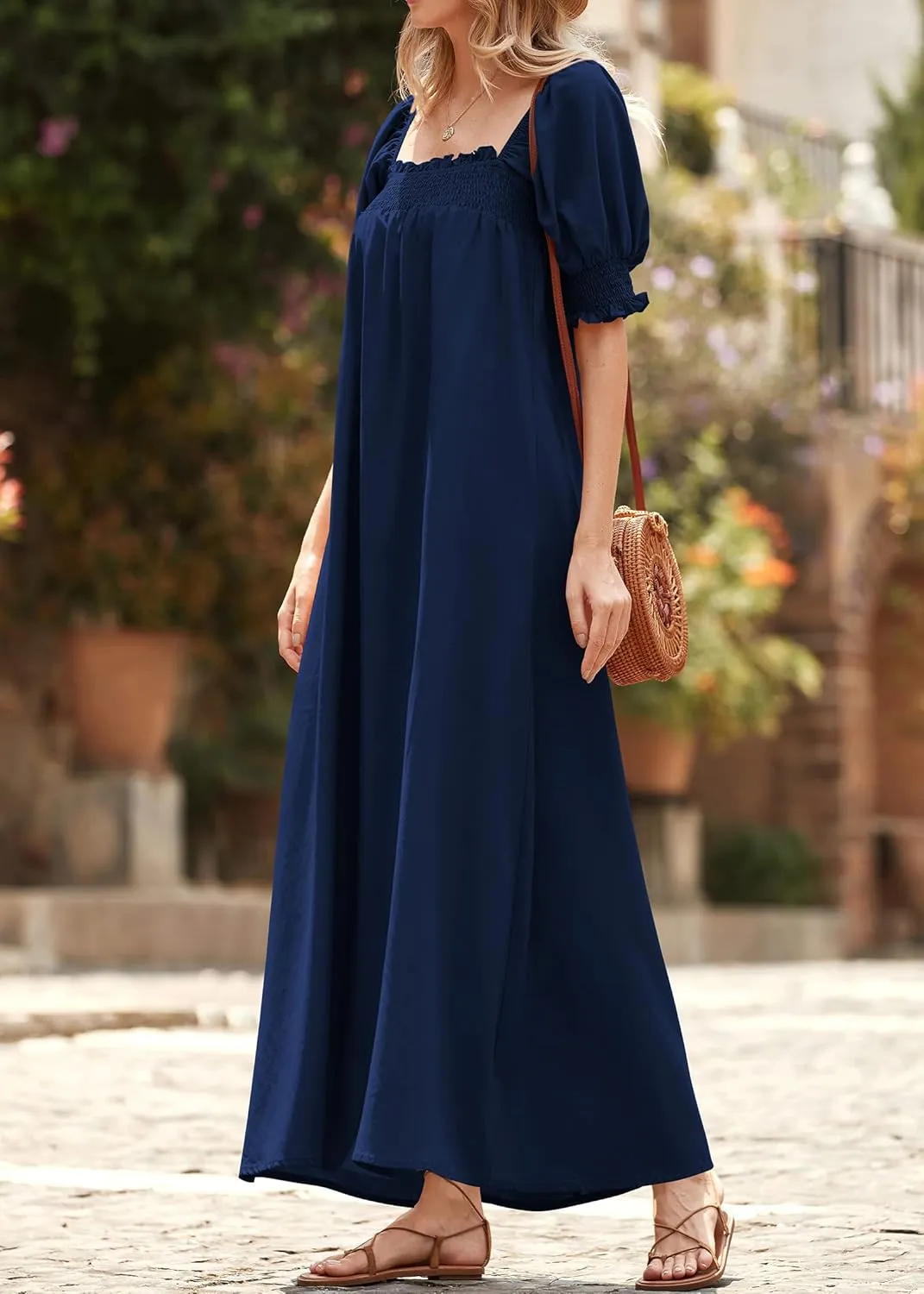 KIRUNDO Women 2025 Summer Maxi Dress Casual Loose Puff Sleeve Square Neck Maternity Flowy Long Beach Dresses with Pockets