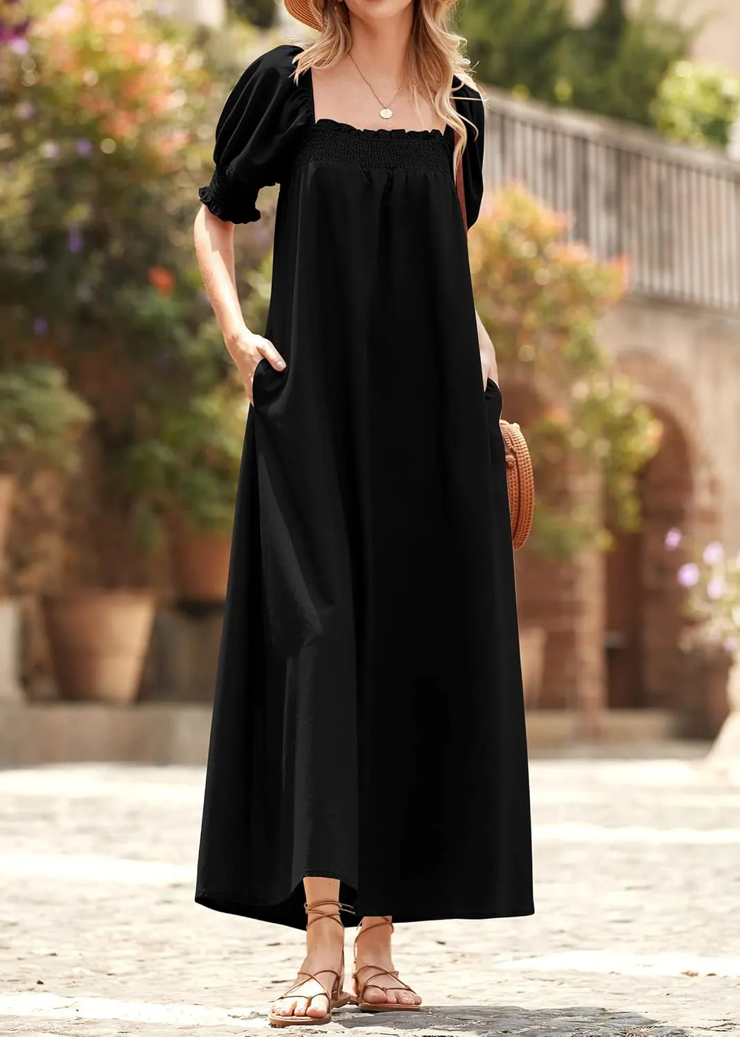 KIRUNDO Women 2025 Summer Maxi Dress Casual Loose Puff Sleeve Square Neck Maternity Flowy Long Beach Dresses with Pockets