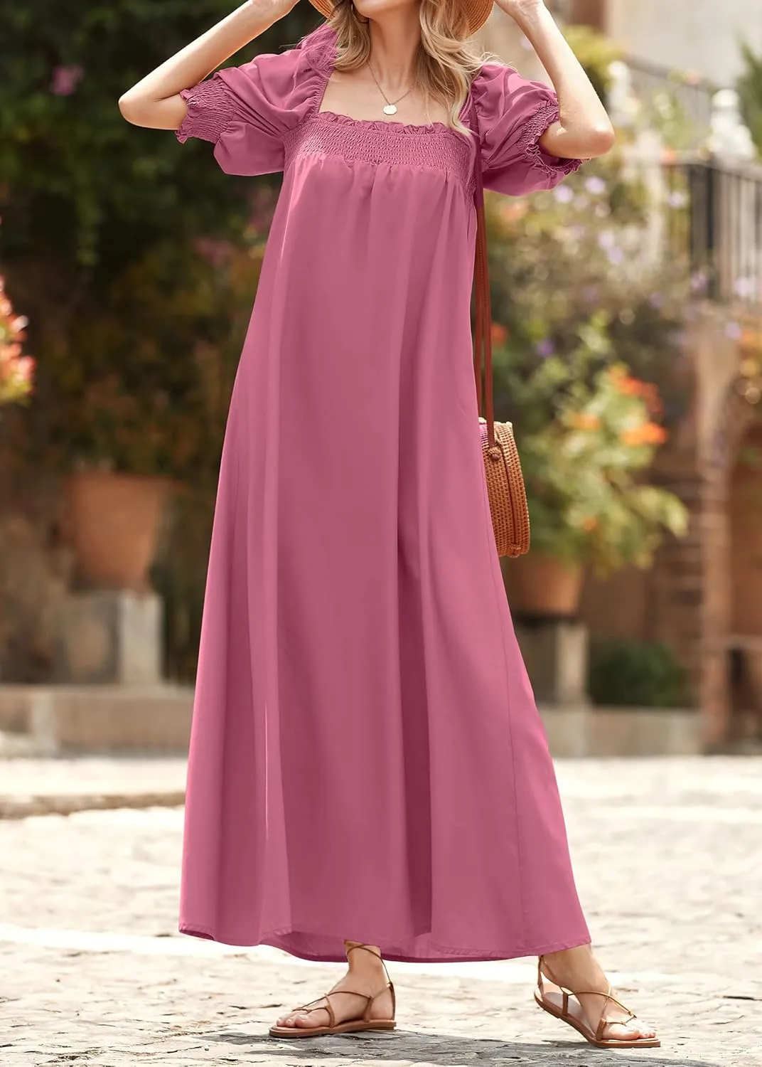 KIRUNDO Women 2025 Summer Maxi Dress Casual Loose Puff Sleeve Square Neck Maternity Flowy Long Beach Dresses with Pockets