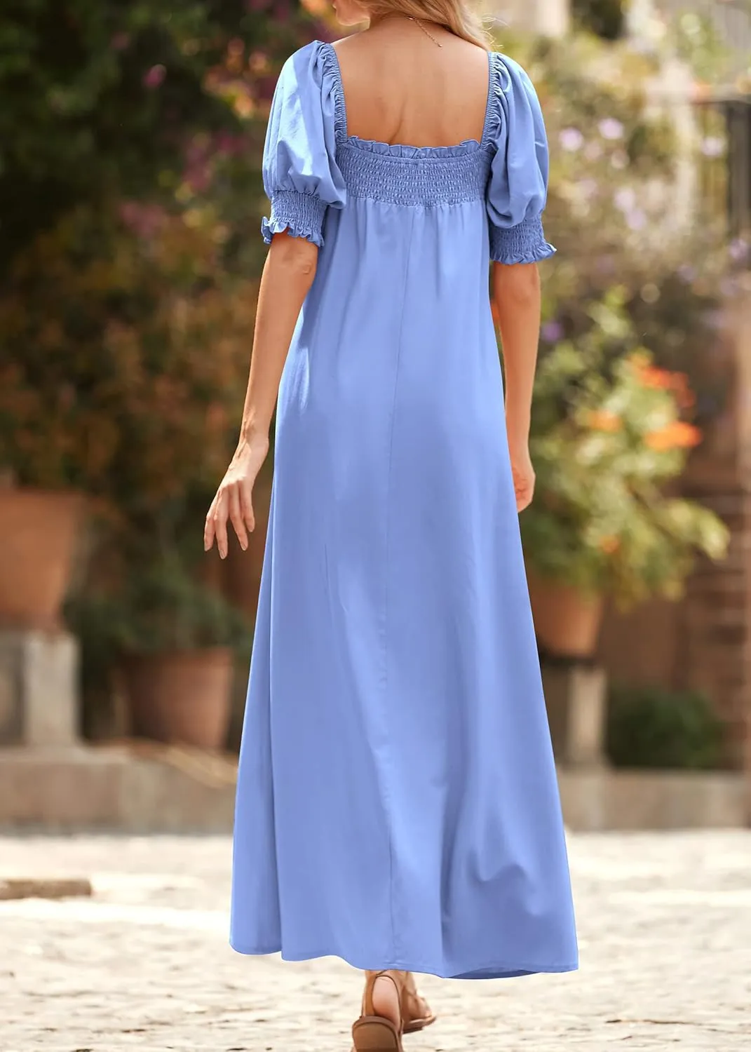 KIRUNDO Women 2025 Summer Maxi Dress Casual Loose Puff Sleeve Square Neck Maternity Flowy Long Beach Dresses with Pockets