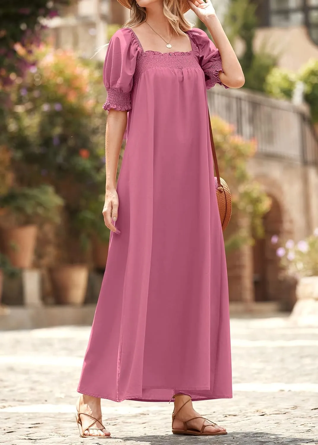KIRUNDO Women 2025 Summer Maxi Dress Casual Loose Puff Sleeve Square Neck Maternity Flowy Long Beach Dresses with Pockets