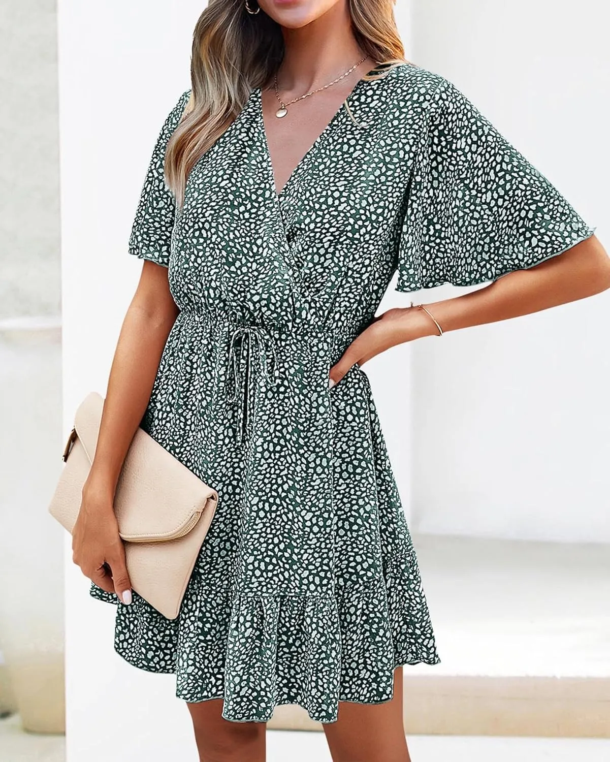 KIRUNDO Women's Summer Dresses 2025 Casual Short Sleeve V Neck Ruffle Floral Print High Waist Flowy Mini Dress with Belt