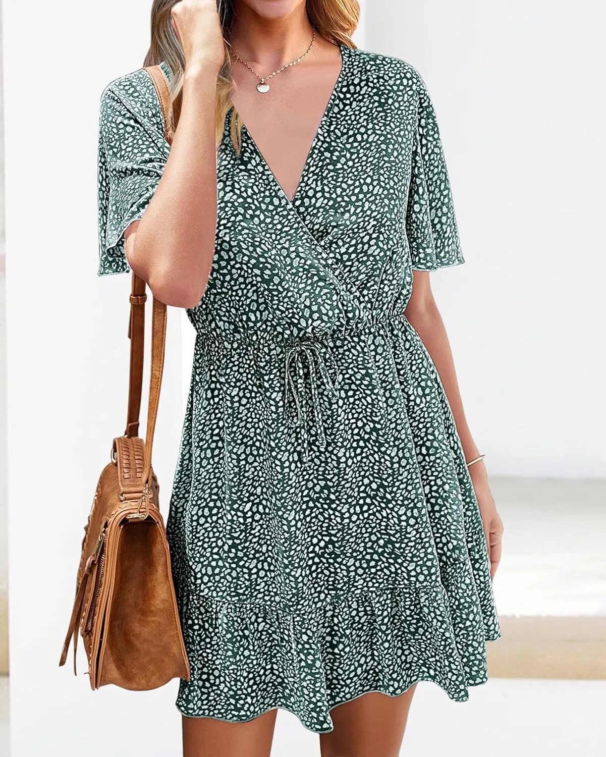 KIRUNDO Women's Summer Dresses 2025 Casual Short Sleeve V Neck Ruffle Floral Print High Waist Flowy Mini Dress with Belt
