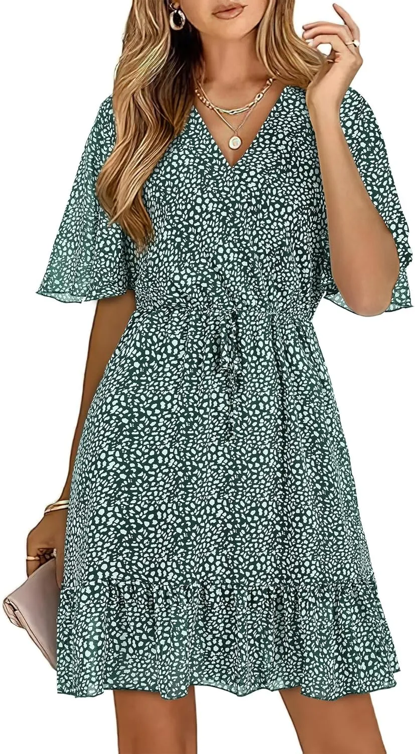 KIRUNDO Women's Summer Dresses 2025 Casual Short Sleeve V Neck Ruffle Floral Print High Waist Flowy Mini Dress with Belt