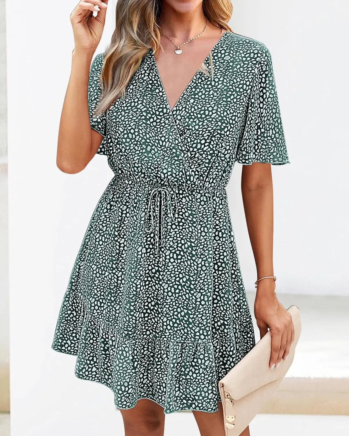 KIRUNDO Women's Summer Dresses 2025 Casual Short Sleeve V Neck Ruffle Floral Print High Waist Flowy Mini Dress with Belt