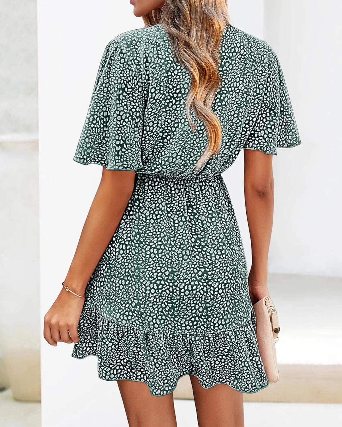 KIRUNDO Women's Summer Dresses 2025 Casual Short Sleeve V Neck Ruffle Floral Print High Waist Flowy Mini Dress with Belt