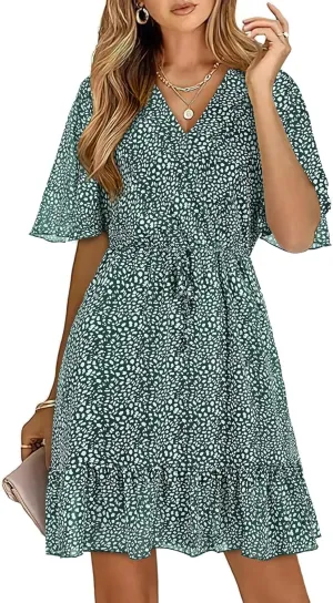 KIRUNDO Women's Summer Dresses 2025 Casual Short Sleeve V Neck Ruffle Floral Print High Waist Flowy Mini Dress with Belt