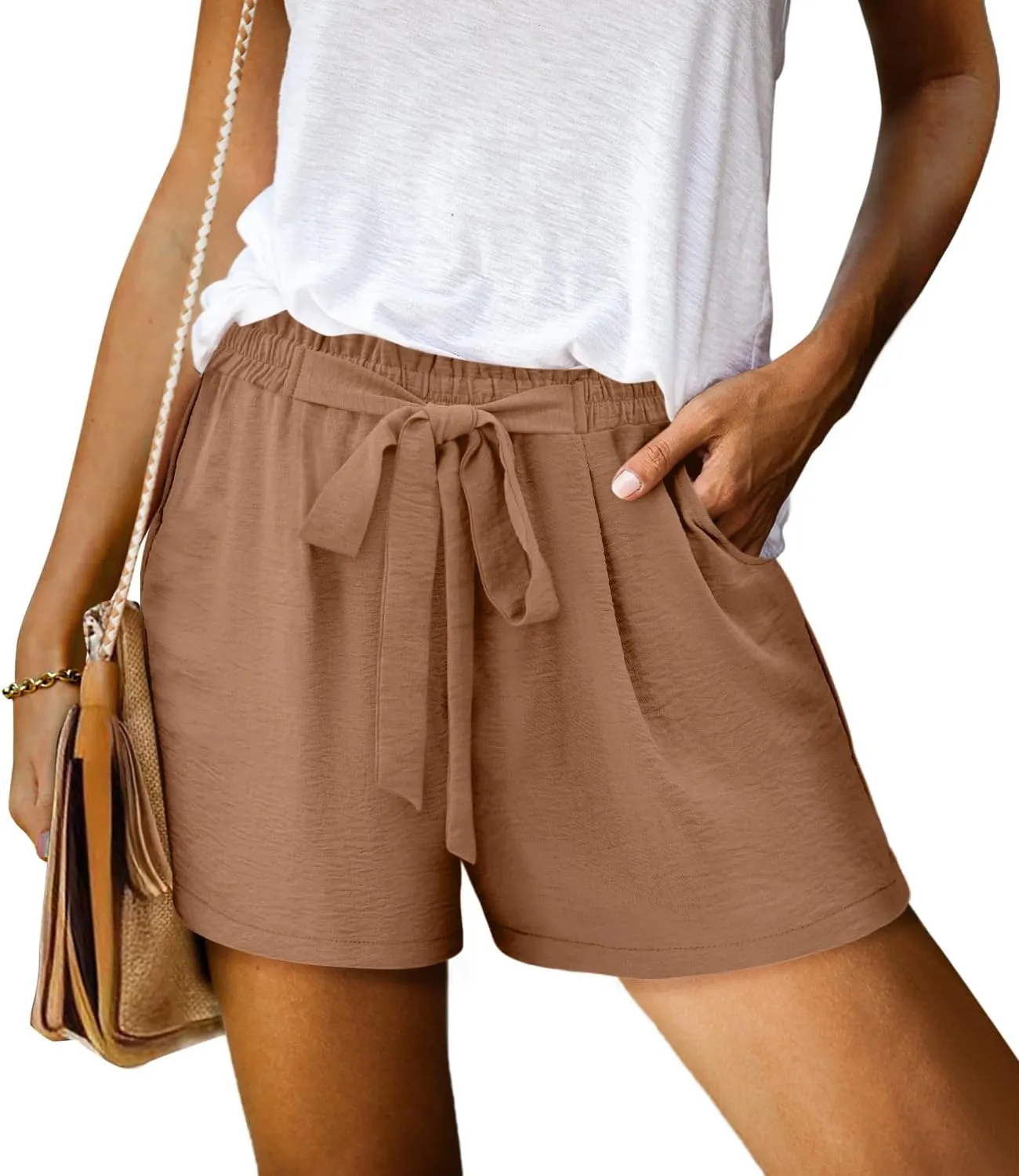 KISSMODA Womens Summer Shorts with Pockets Lightweight High Waisted Adjustable Tie Knot Loose Casual Short