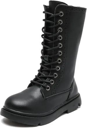 kkdom Boys Girls Leather Waterproof Lace Up Side Zipper Mid Calf Combat Riding Winter Boots (Toddler/Little Kid/Big Kid)