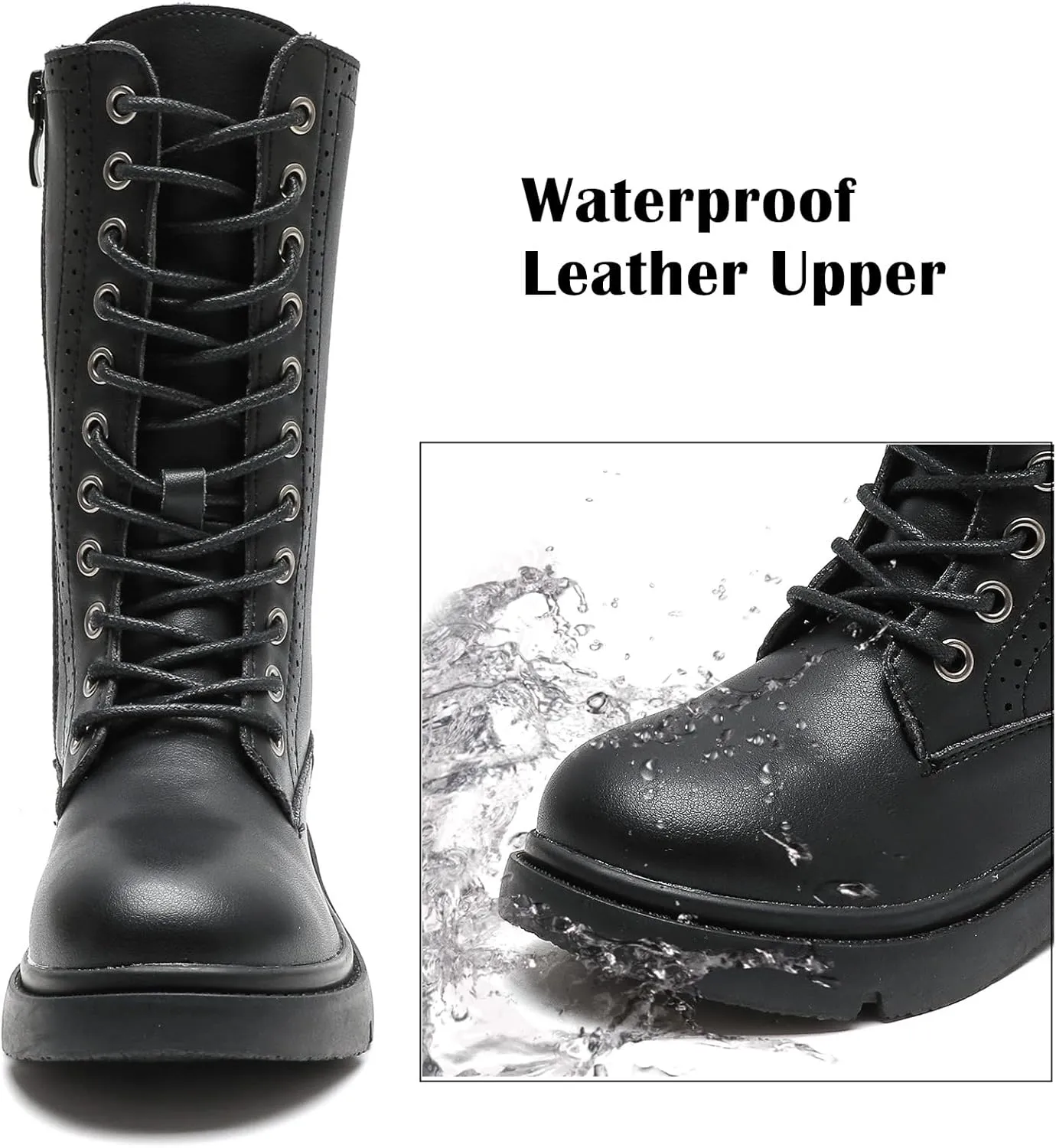 kkdom Boys Girls Leather Waterproof Lace Up Side Zipper Mid Calf Combat Riding Winter Boots (Toddler/Little Kid/Big Kid)