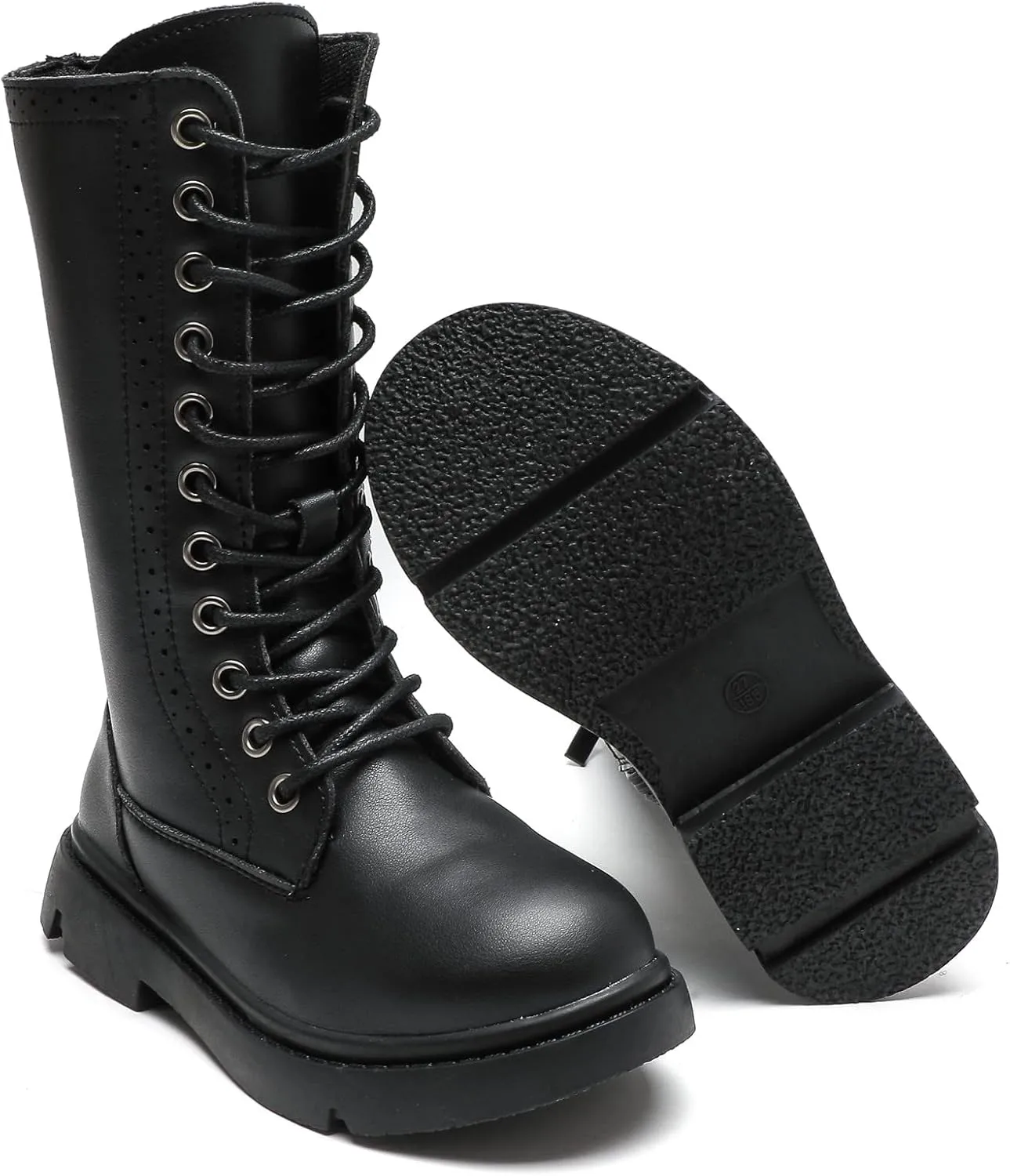 kkdom Boys Girls Leather Waterproof Lace Up Side Zipper Mid Calf Combat Riding Winter Boots (Toddler/Little Kid/Big Kid)