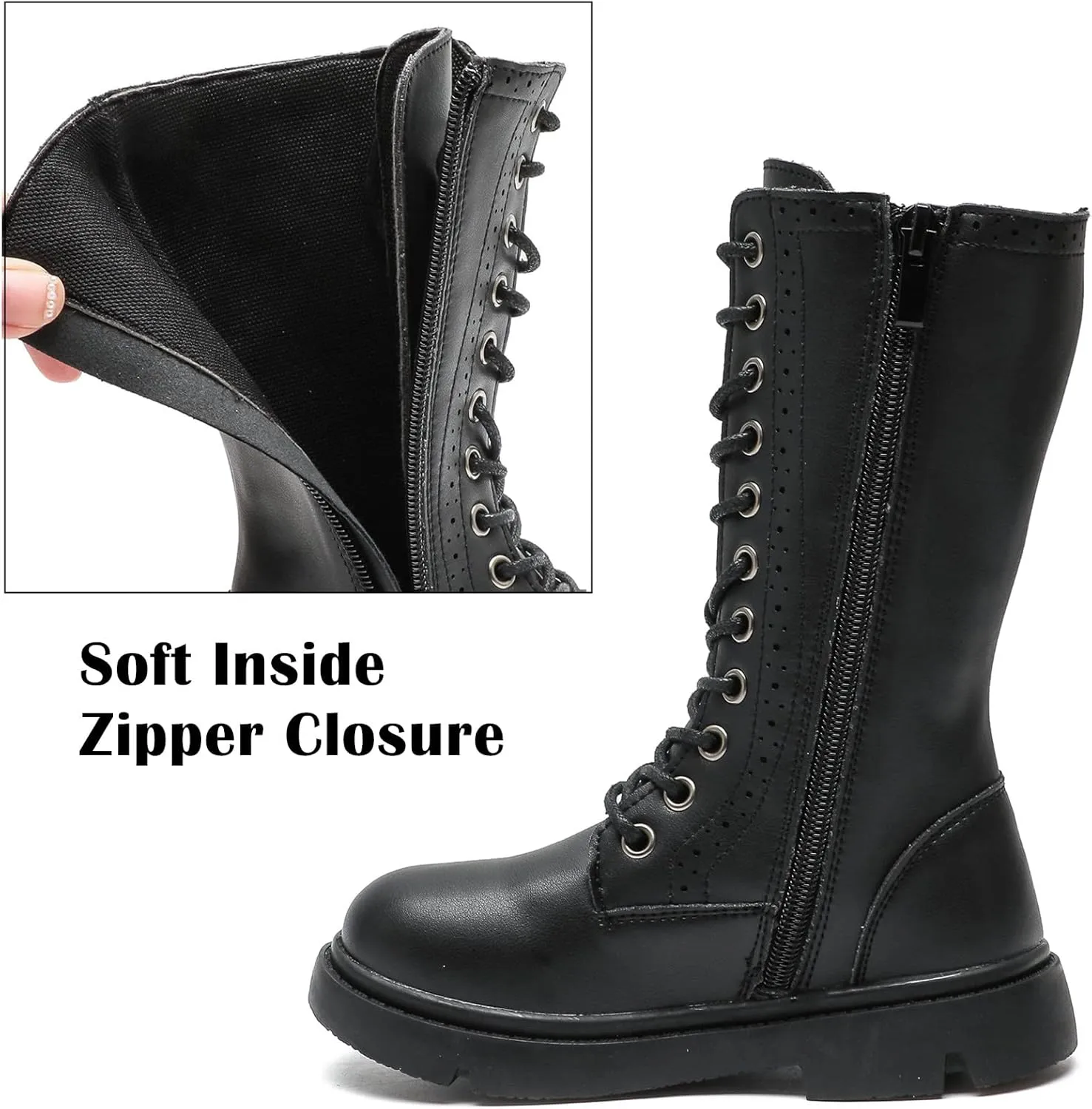 kkdom Boys Girls Leather Waterproof Lace Up Side Zipper Mid Calf Combat Riding Winter Boots (Toddler/Little Kid/Big Kid)