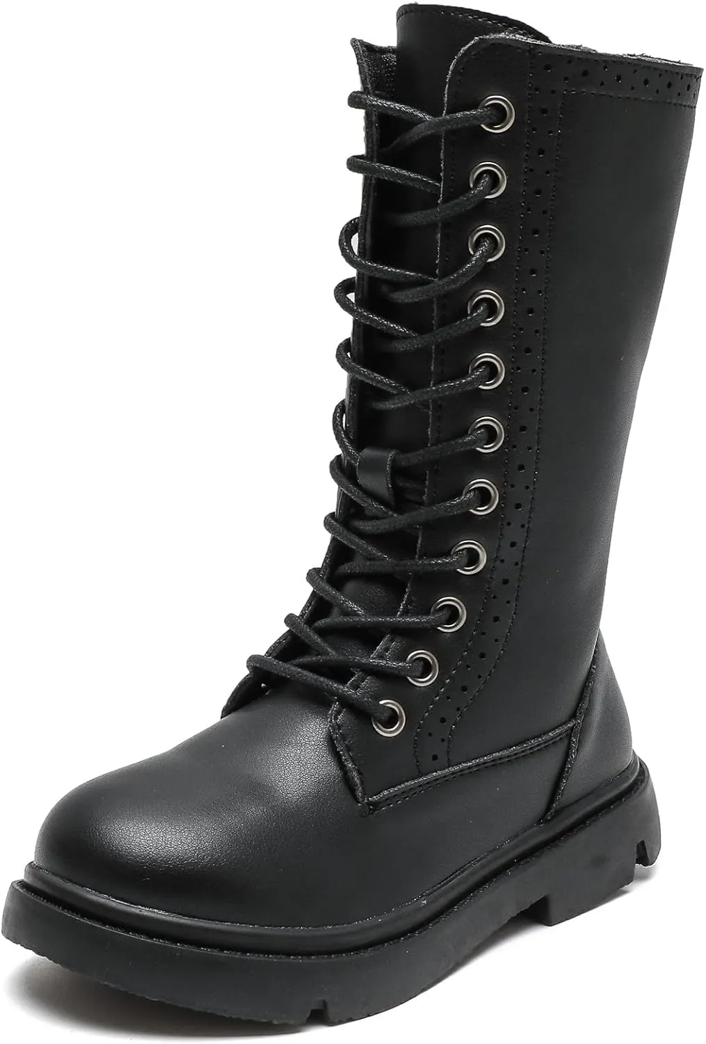 kkdom Boys Girls Leather Waterproof Lace Up Side Zipper Mid Calf Combat Riding Winter Boots (Toddler/Little Kid/Big Kid)