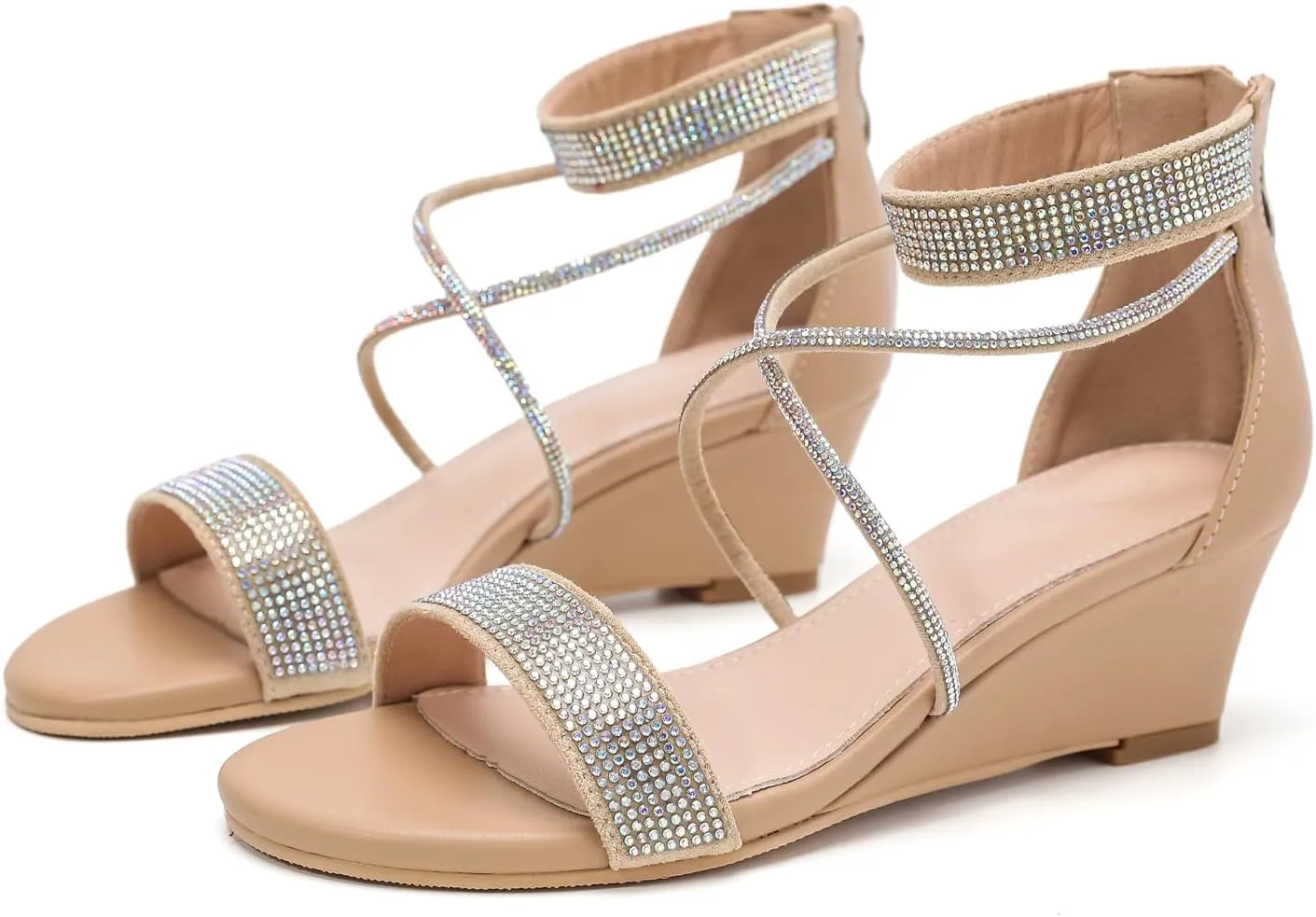 kkdom Women's Open Toe Ankle Strap Zipper Glitter Bling Sandals Pumps Low Block Chunky Heels Dress Sparkle Shoes