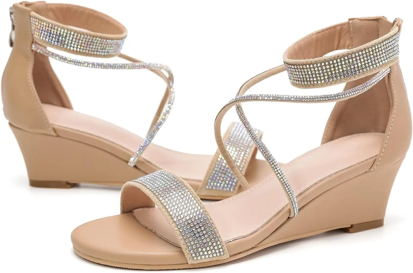 kkdom Women's Open Toe Ankle Strap Zipper Glitter Bling Sandals Pumps Low Block Chunky Heels Dress Sparkle Shoes