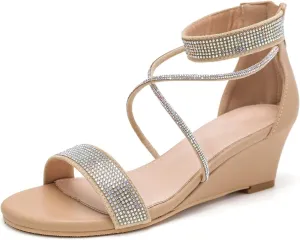 kkdom Women's Open Toe Ankle Strap Zipper Glitter Bling Sandals Pumps Low Block Chunky Heels Dress Sparkle Shoes