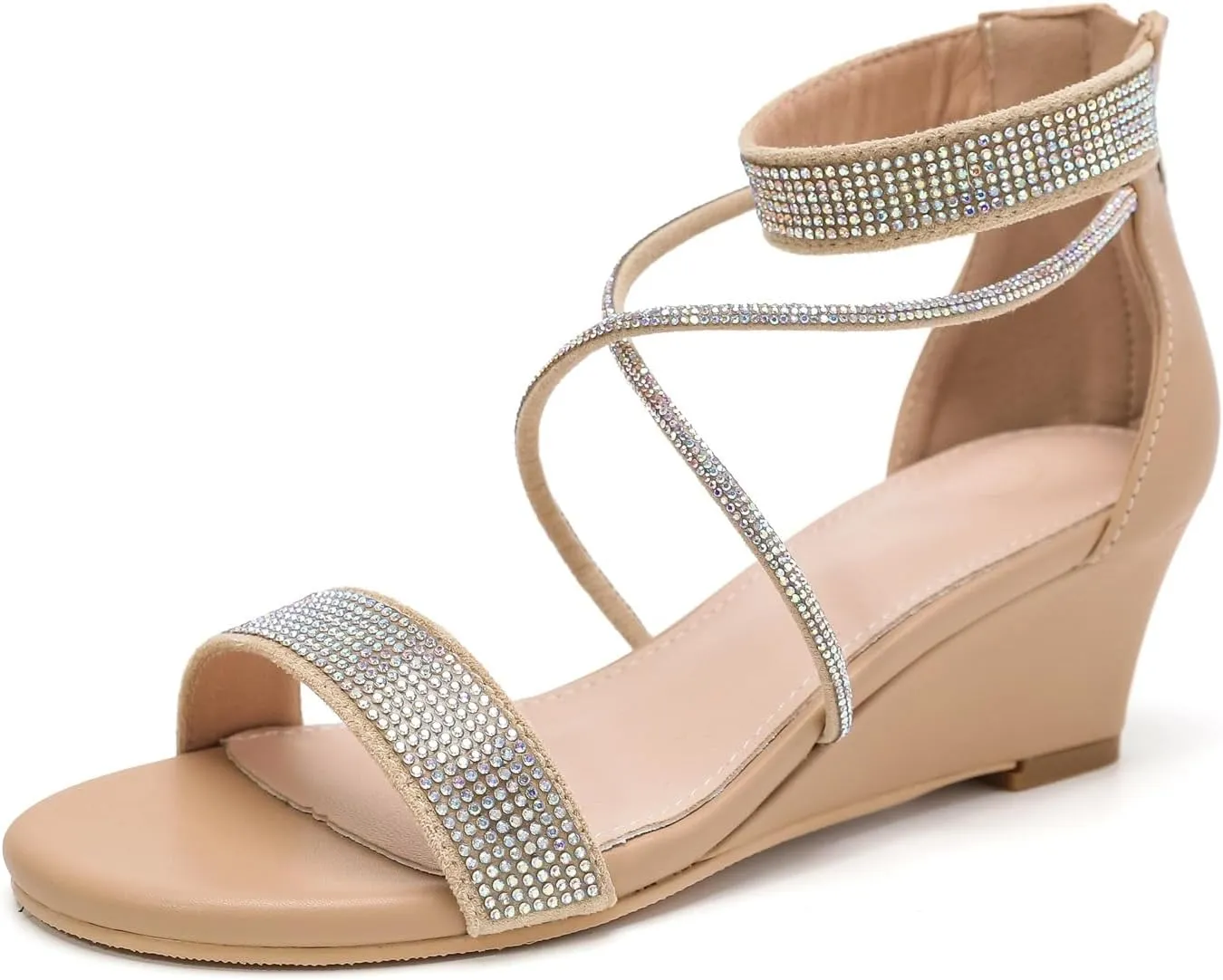 kkdom Women's Open Toe Ankle Strap Zipper Glitter Bling Sandals Pumps Low Block Chunky Heels Dress Sparkle Shoes